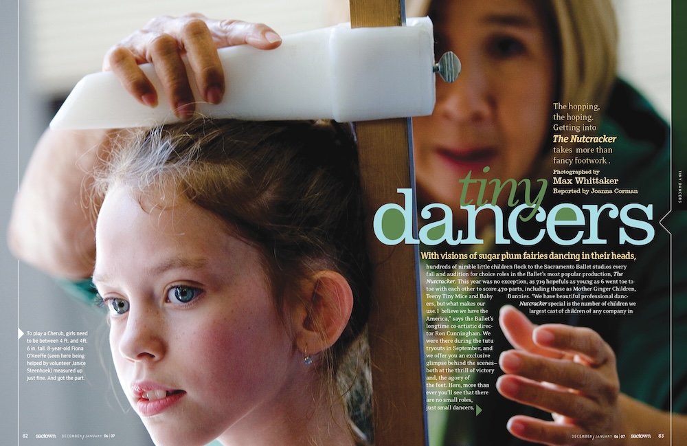 Fiona O'Keeffe as an 8-year-old, getting her height measured in the opening spread of a Sactown story called Tiny Dancers