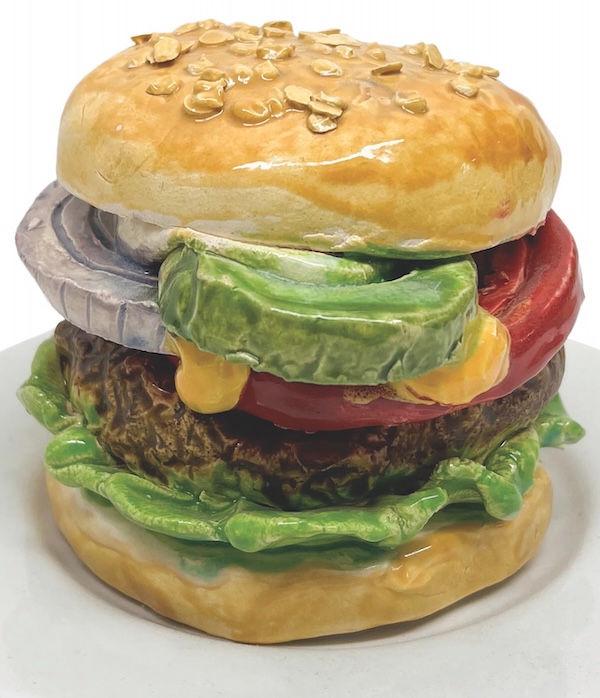 A ceramic hamburger created by Jeff Nebeker