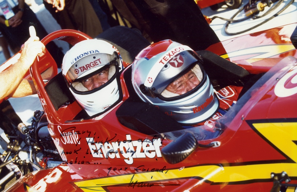 Gary Gerould and Mario Andretti in a two-person race car